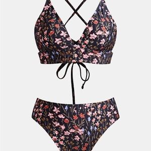 Cupshe NWT Garden Meadows Black Floral Bikini Midrise Bralette